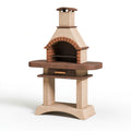 Barbecue de jardin 120 x 70 x 210 cm en pierre beige et brique marron avec cheminée et tiroir