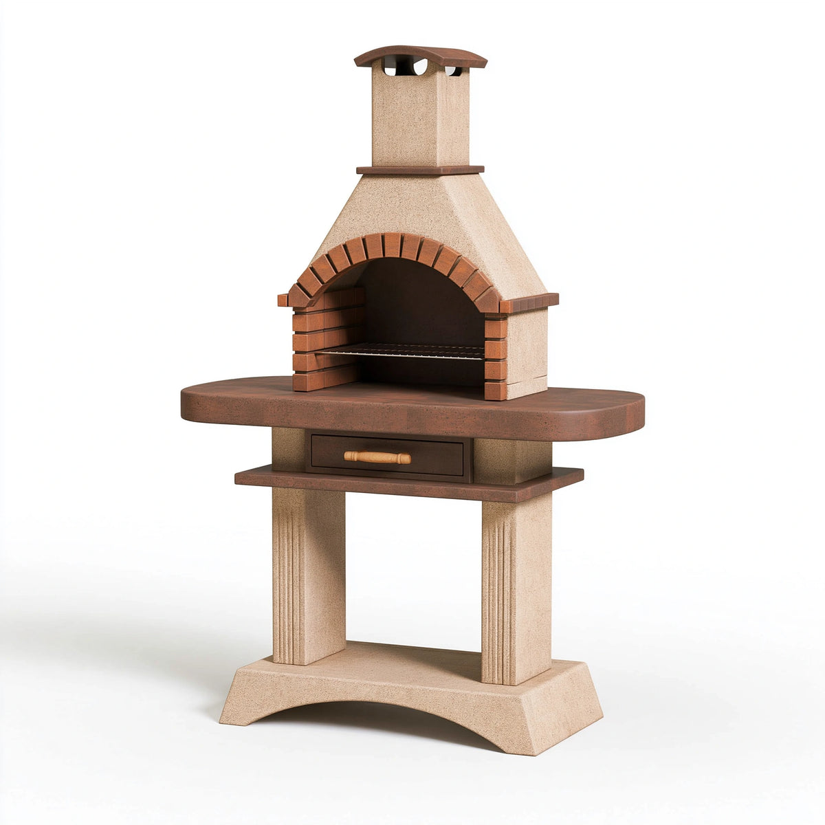 Barbecue de jardin 120 x 70 x 210 cm en pierre beige et brique marron avec cheminée et tiroir