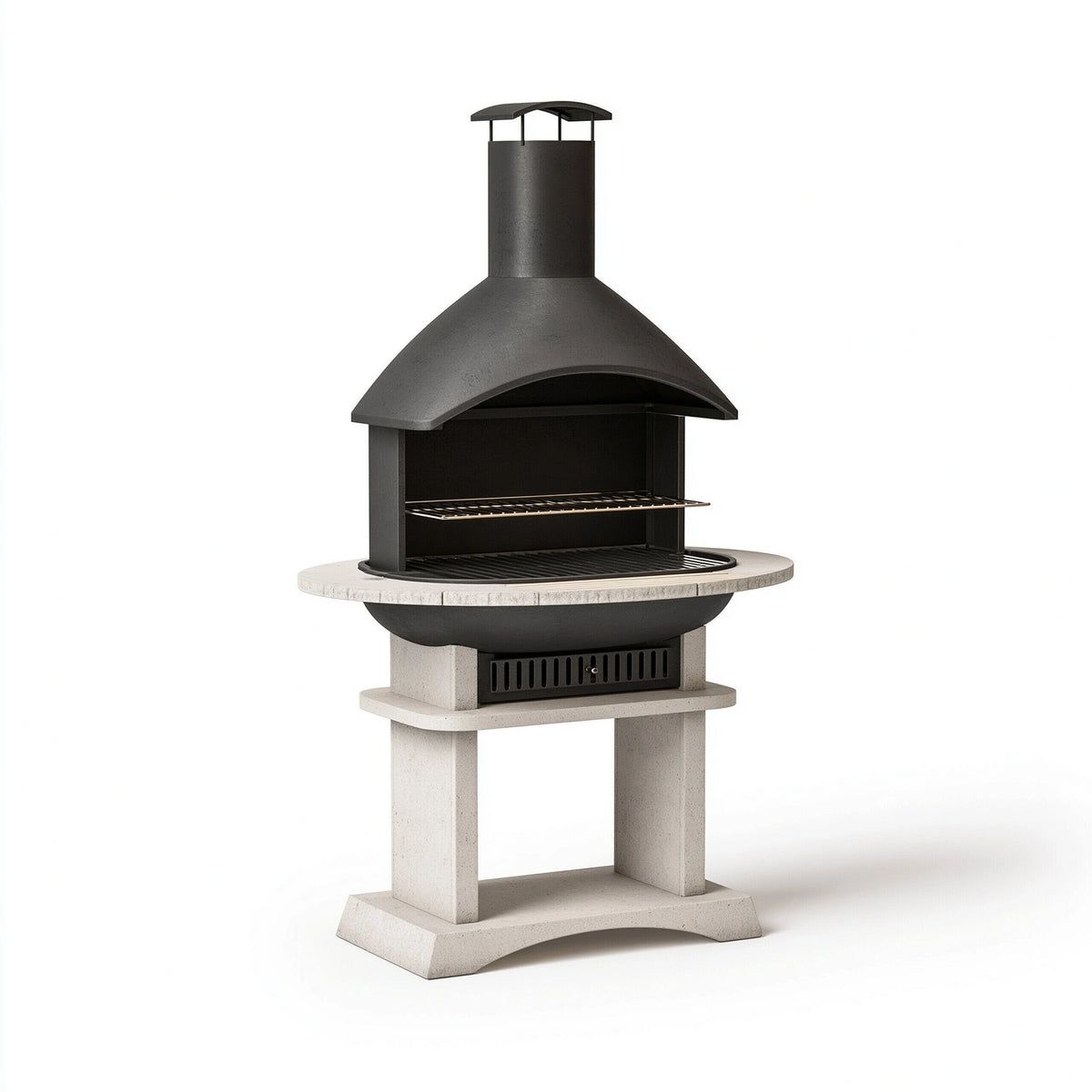 Barbecue de jardin 120 x 120 x 250 cm en acier et pierre noir beige avec cheminée