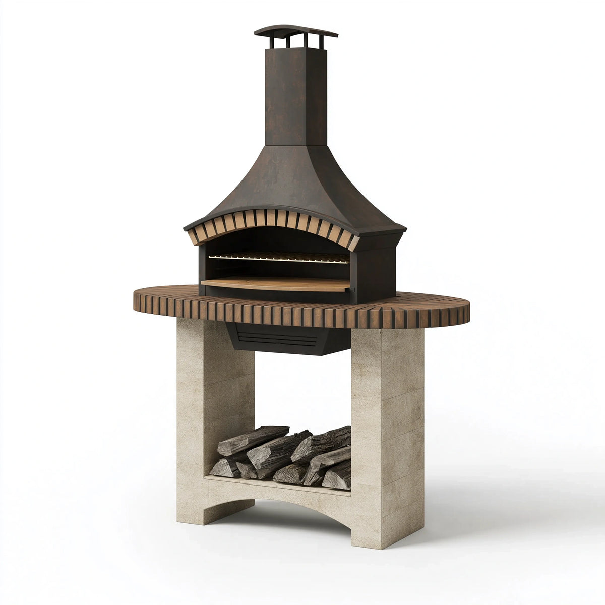 Barbecue de jardin 160 x 90 x 250 cm en acier et pierre beige style rustique avec cheminée