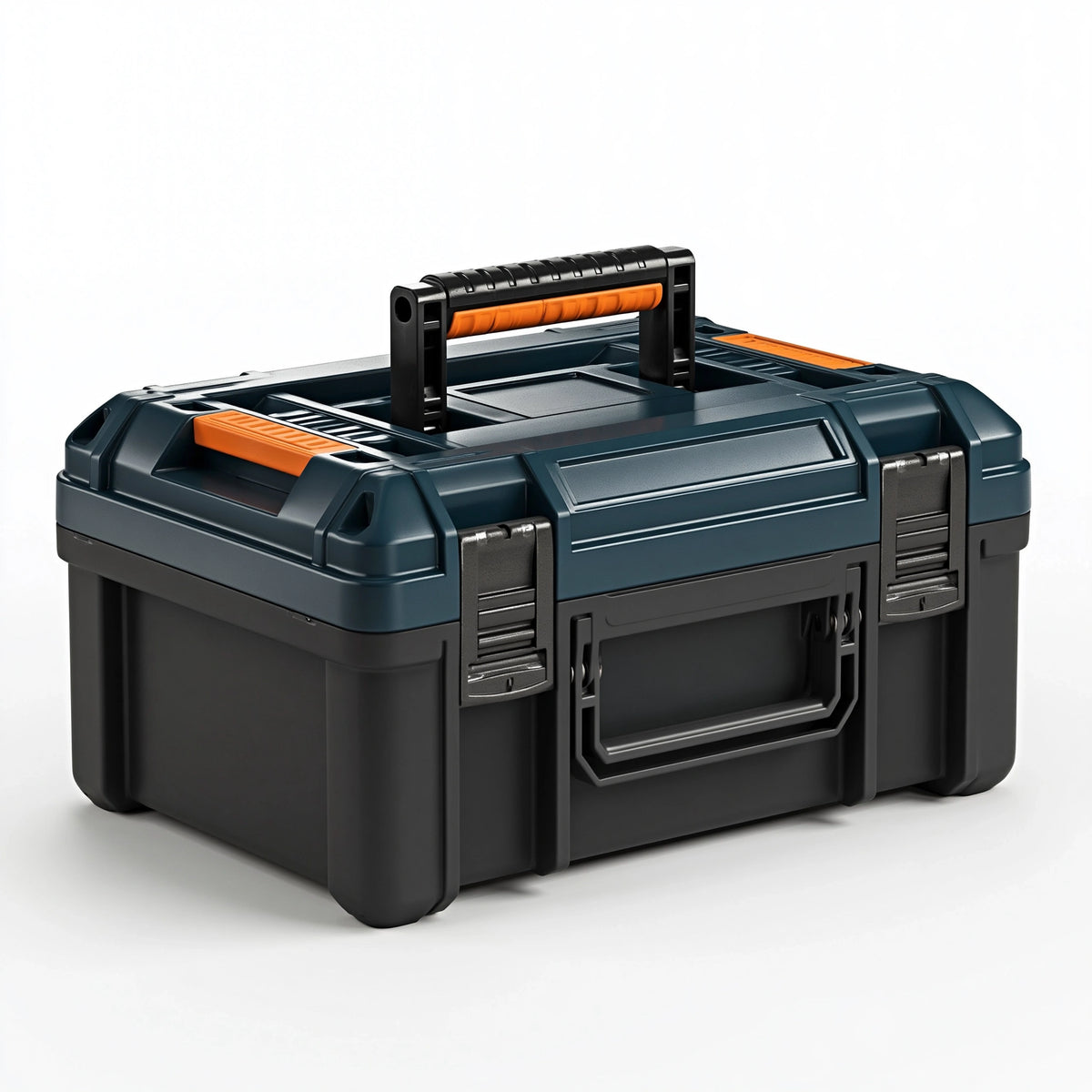 Boîte à outils 50 x 30 x 30 cm en plastique bleu foncé noir orange avec poignée portable