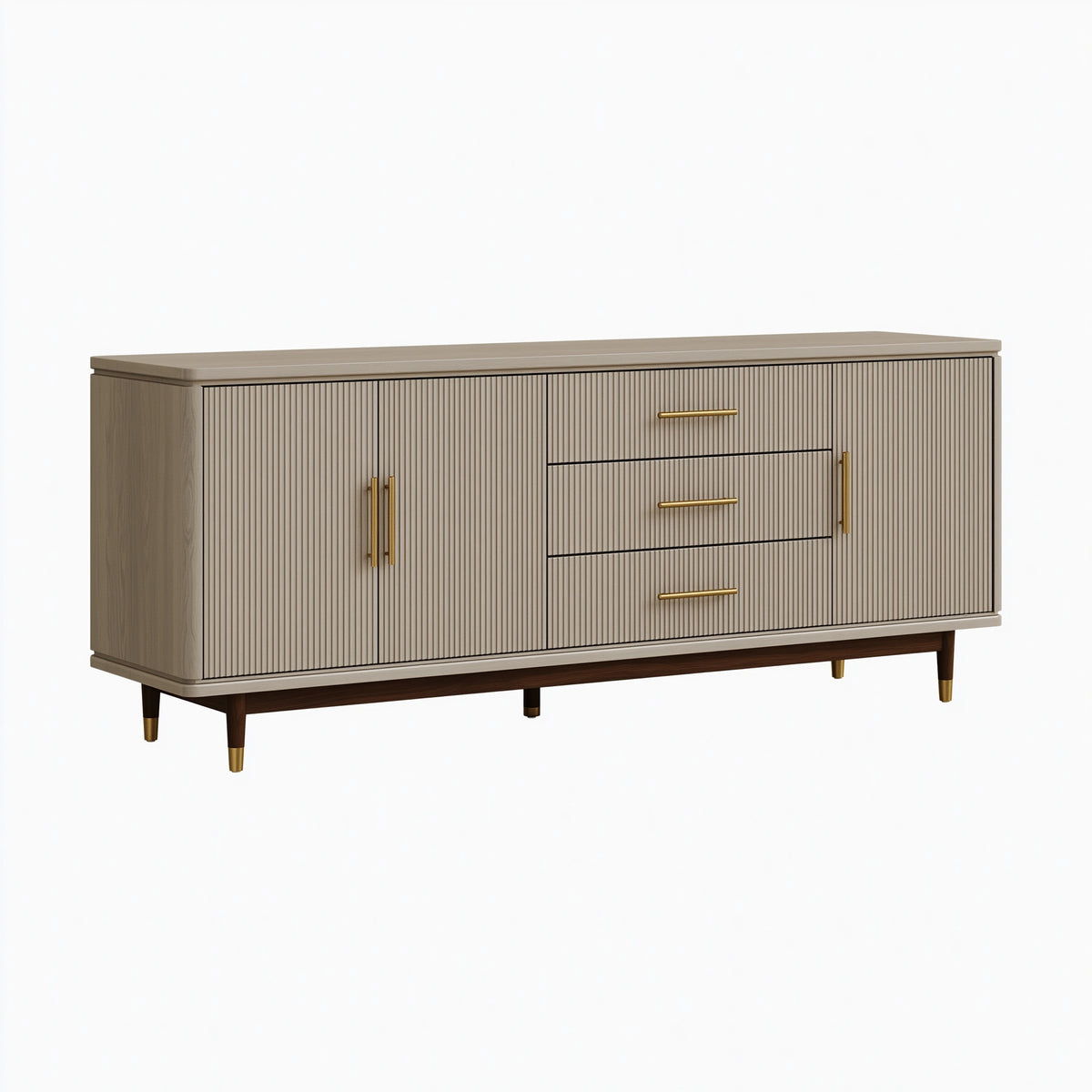 Buffet 180 x 45 x 90 cm en panneaux aspect bois gris clair avec tiroirs et rangement contemporain