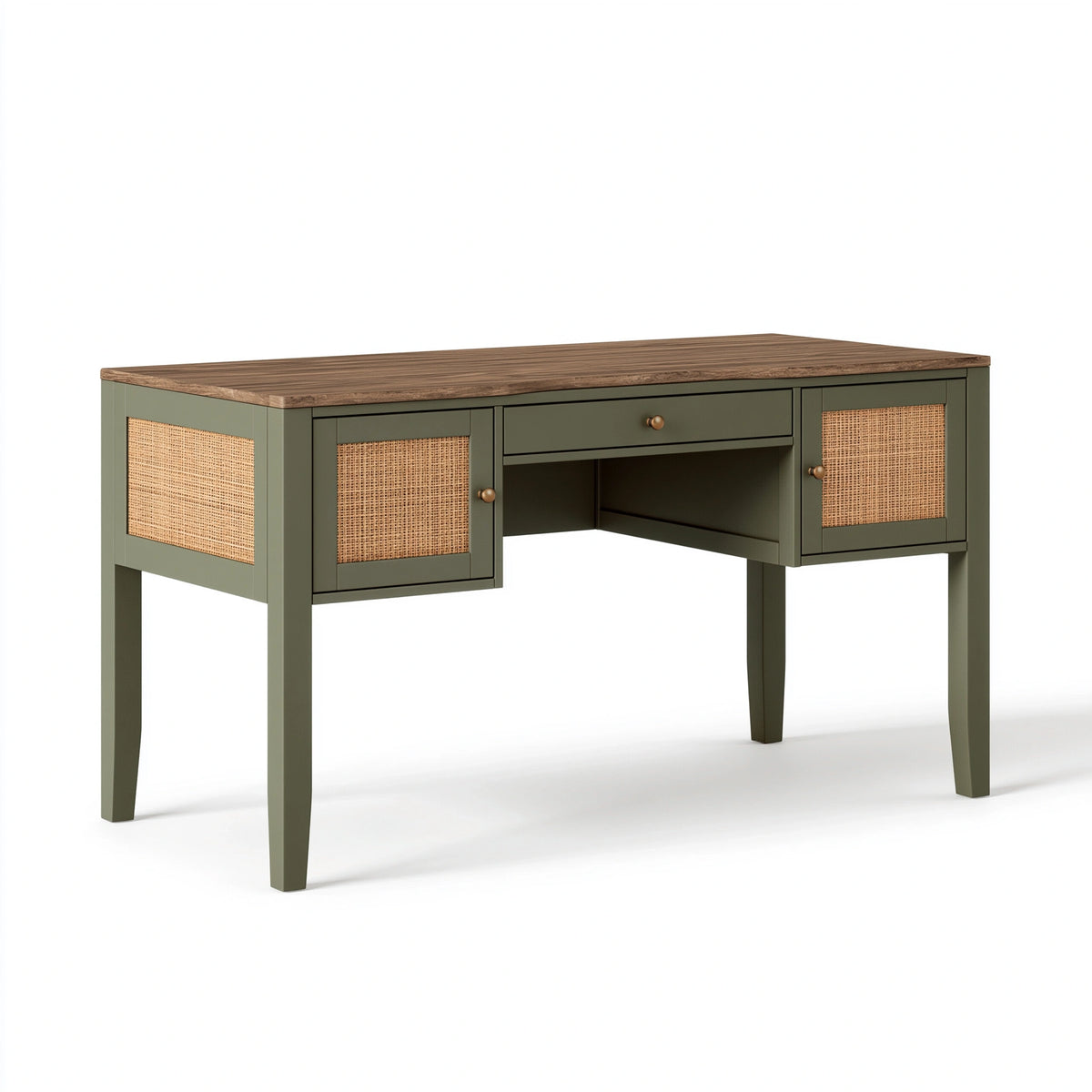 Bureau 140 x 60 x 75 cm en bois vert avec cannage - rangement avec tiroir et portes
