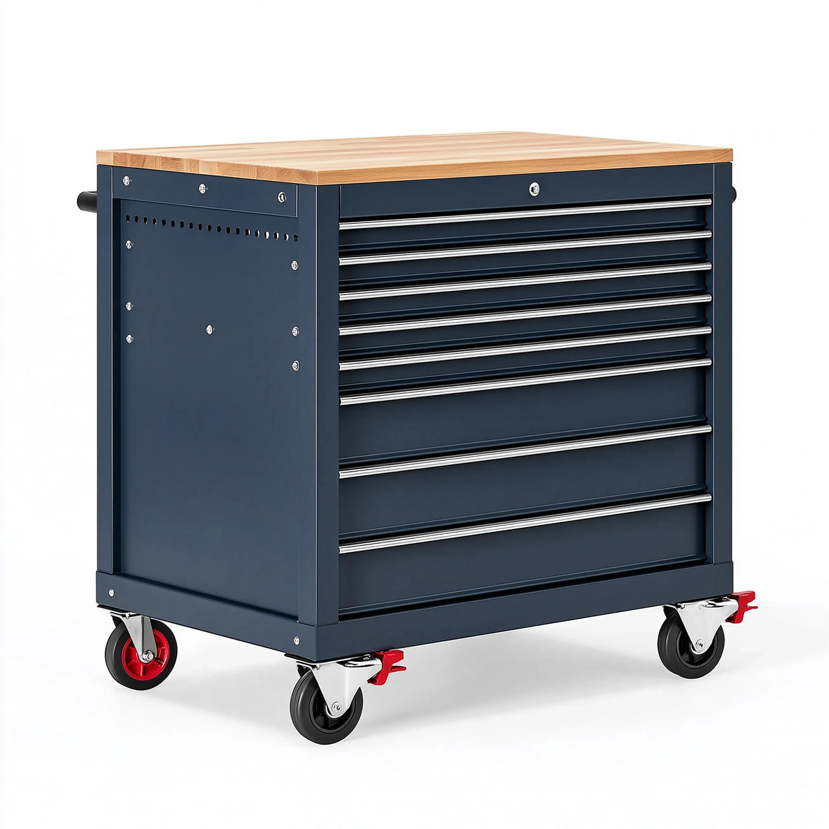 Servante d atelier 72 x 46 x 97 cm en acier bleu avec plateau en bois et 7 tiroirs sur roulettes