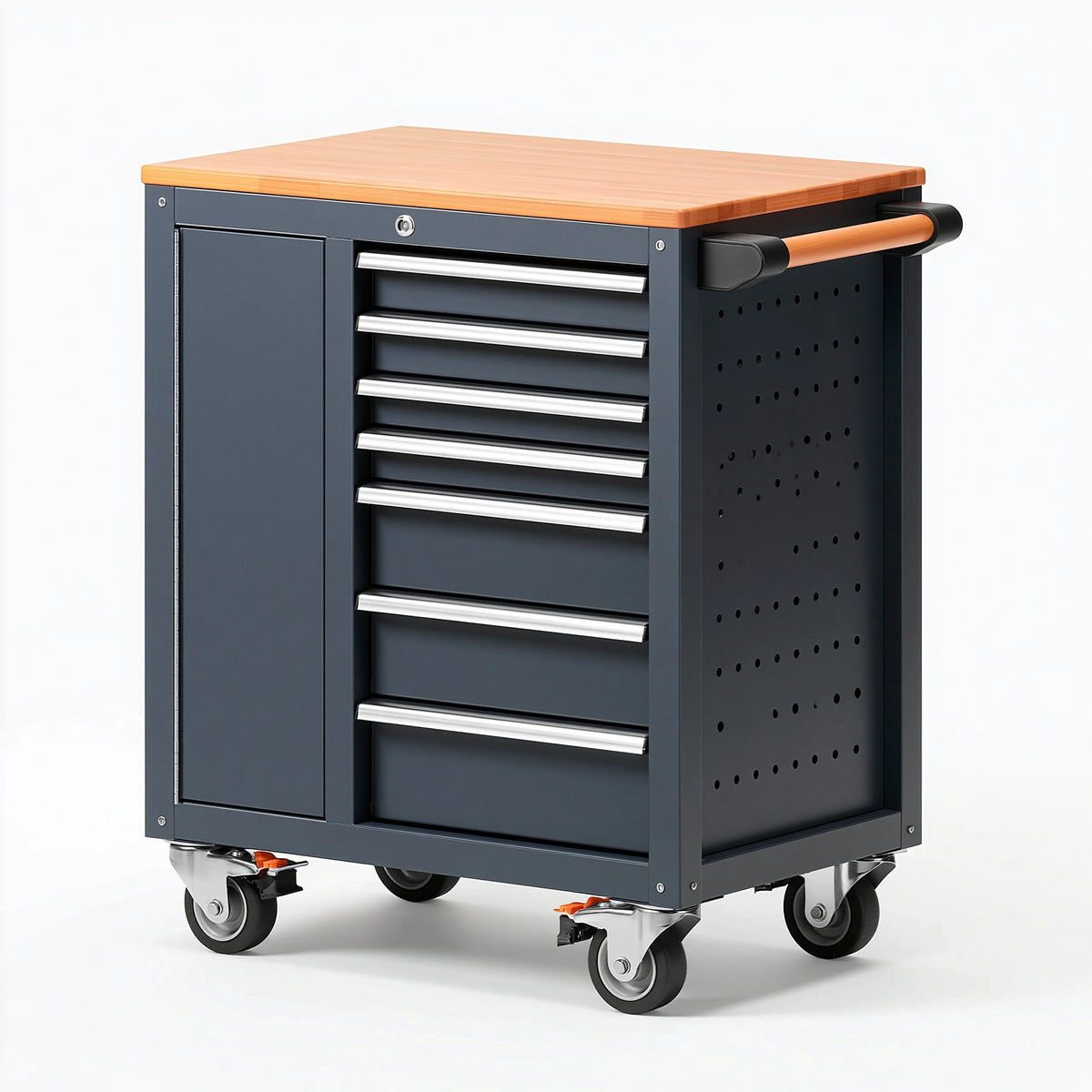Servante d'atelier 78 x 46 x 96 cm en acier noir et bois sur roulettes avec 7 tiroirs