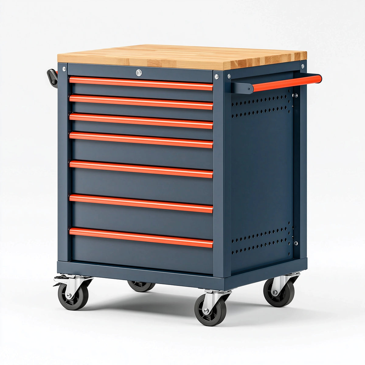 Servante d atelier 100 x 50 x 95 cm en acier bleu foncé et bois avec 7 tiroirs sur roulettes