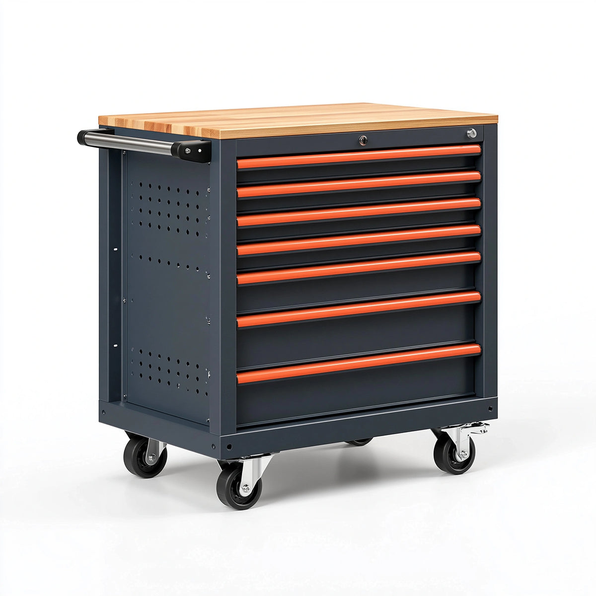 Servante d'atelier 77 x 46 x 97 cm en acier noir et orange avec plan de travail en bois et 7 tiroirs