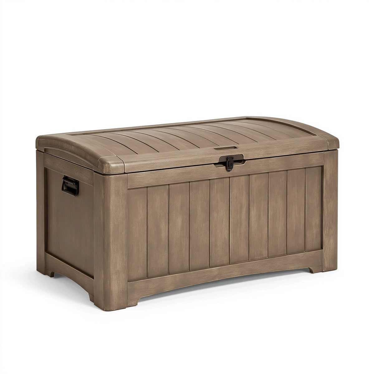 Coffre de rangement extérieur 120 x 60 x 63 cm en plastique marron effet bois avec couvercle