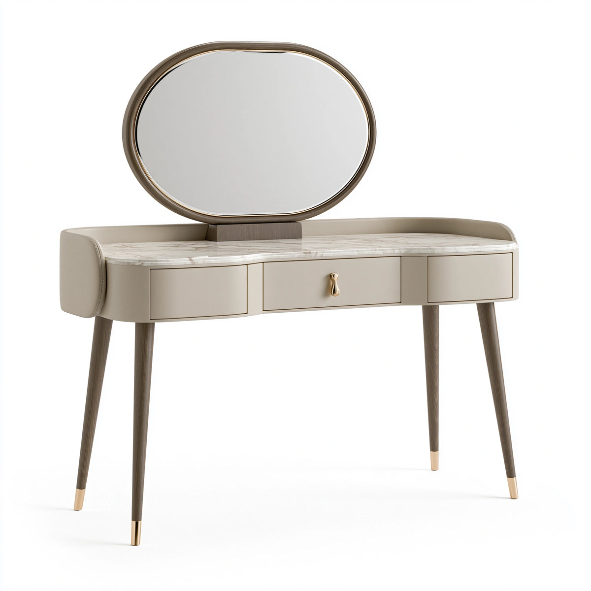 Coiffeuse 120 x 45 x 150 cm en bois beige avec miroir ovale et tiroirs style contemporain