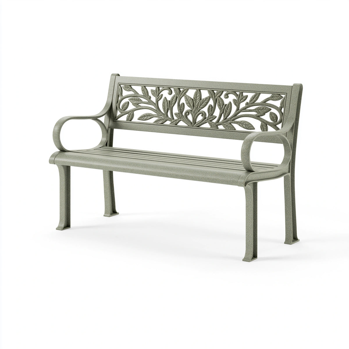 Banc de jardin 120 x 62 x 88 cm en aluminium vert gris à dossier feuillage style classique