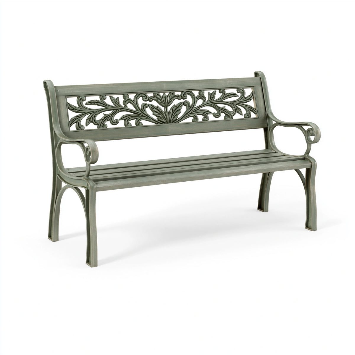 Banc de jardin 122 cm en métal vert à motifs végétaux avec accoudoirs