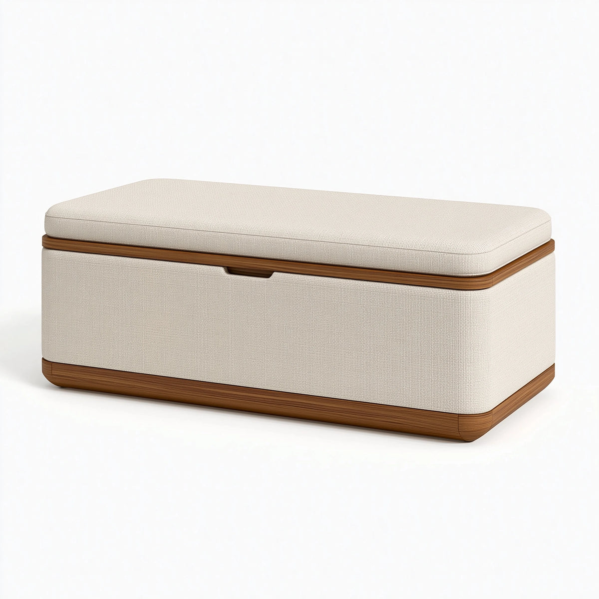 Banc coffre de rangement 120 x 45 x 48 cm en tissu beige et bois - Assise rembourrée